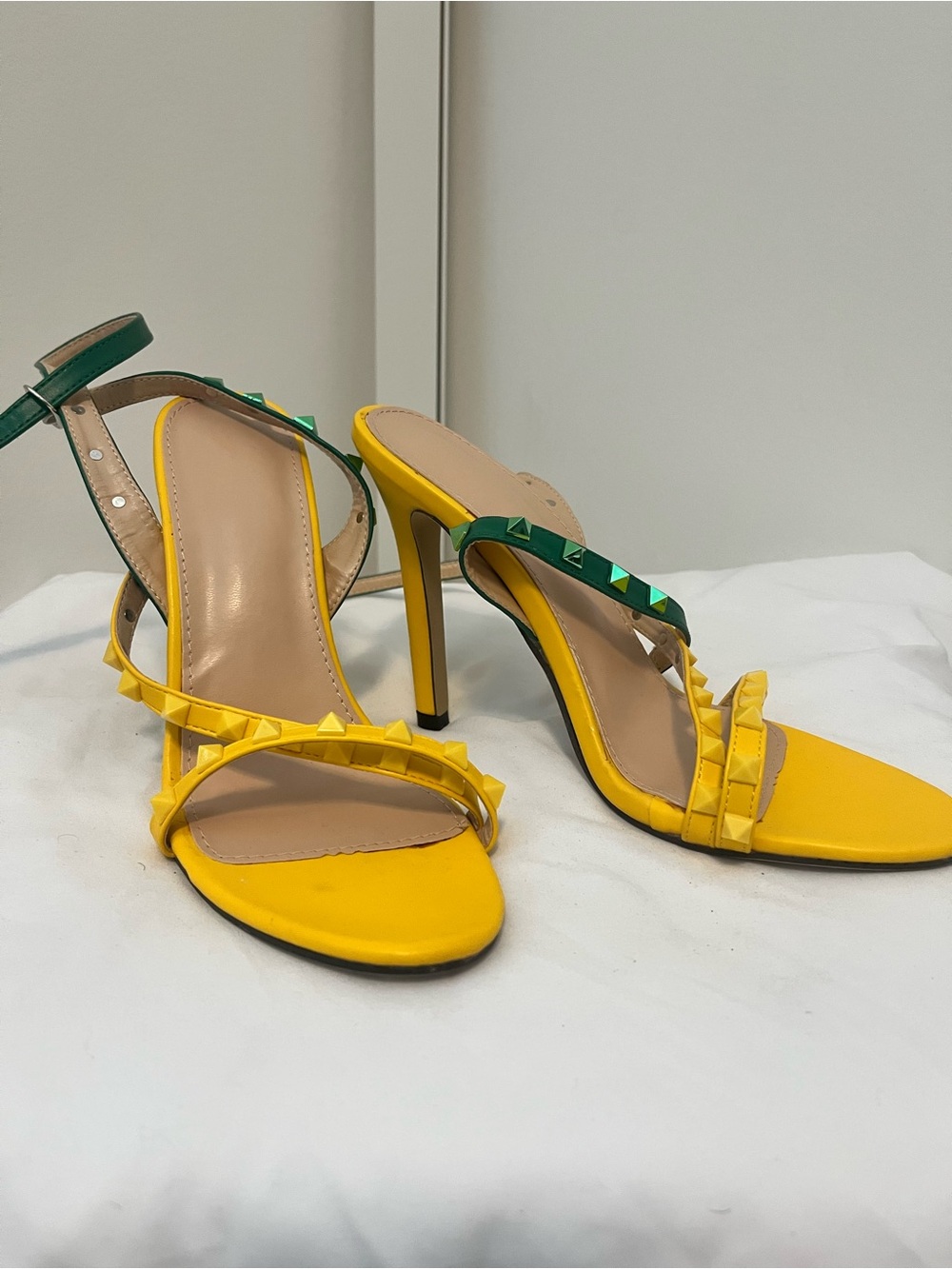 Yellow and Green Studded High Heel Sandals